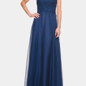 La Femme Chiffon gown Sz 18 with intricate lace bodice and cap sleeves